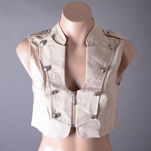 Taupe Beige Military Steampunk Goth Punk Sexy Sleeveless Zip Up Crop Top Vest
